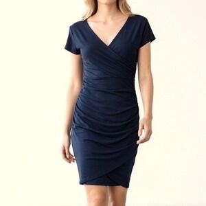 SUSANA MONACO Navy Ruched Bodycon Dress V-Neck‎ Short Sleeve Women S Occasion